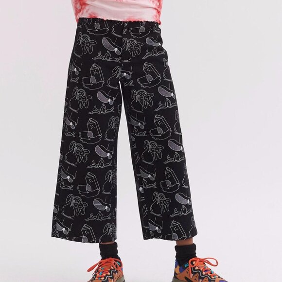 Lazy Oaf Pants - Lazy Oaf Whoops Work Pant Cropped Wide Leg Wilted Flower Print Whimsy Art Comic